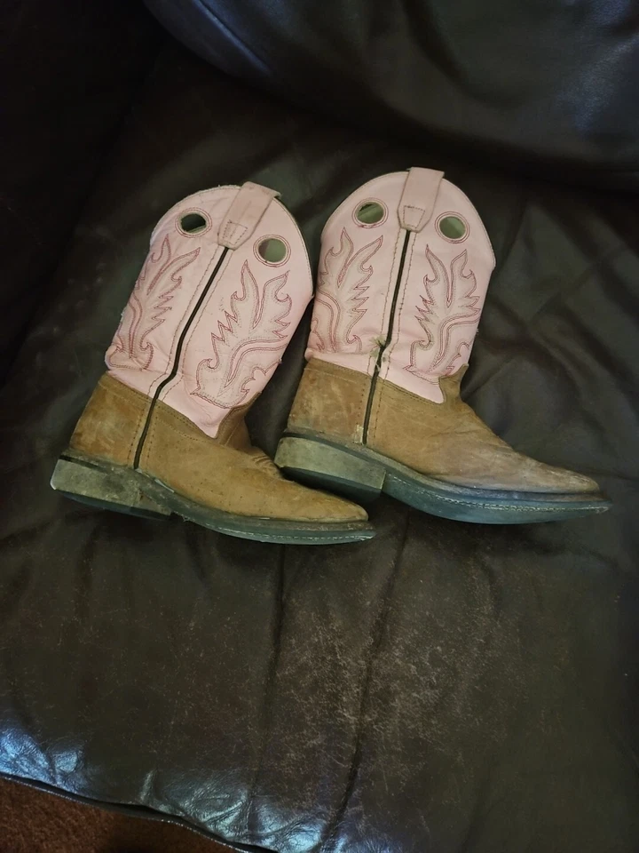 旧西部棕色粉色皮革方头牛仔靴 3.5 码风格 BSC1839 — 第 3/4 张图片