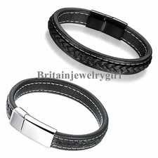 8" Punk Black Leather Braided Stainless Steel Magnetic Clasp Bracelet for Men