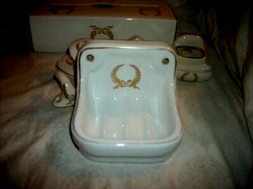 Vintage French White Porcelain Bath Hardware Set 6 Pc Gold Soap Toothbrush Hooks - Image 4 of 4