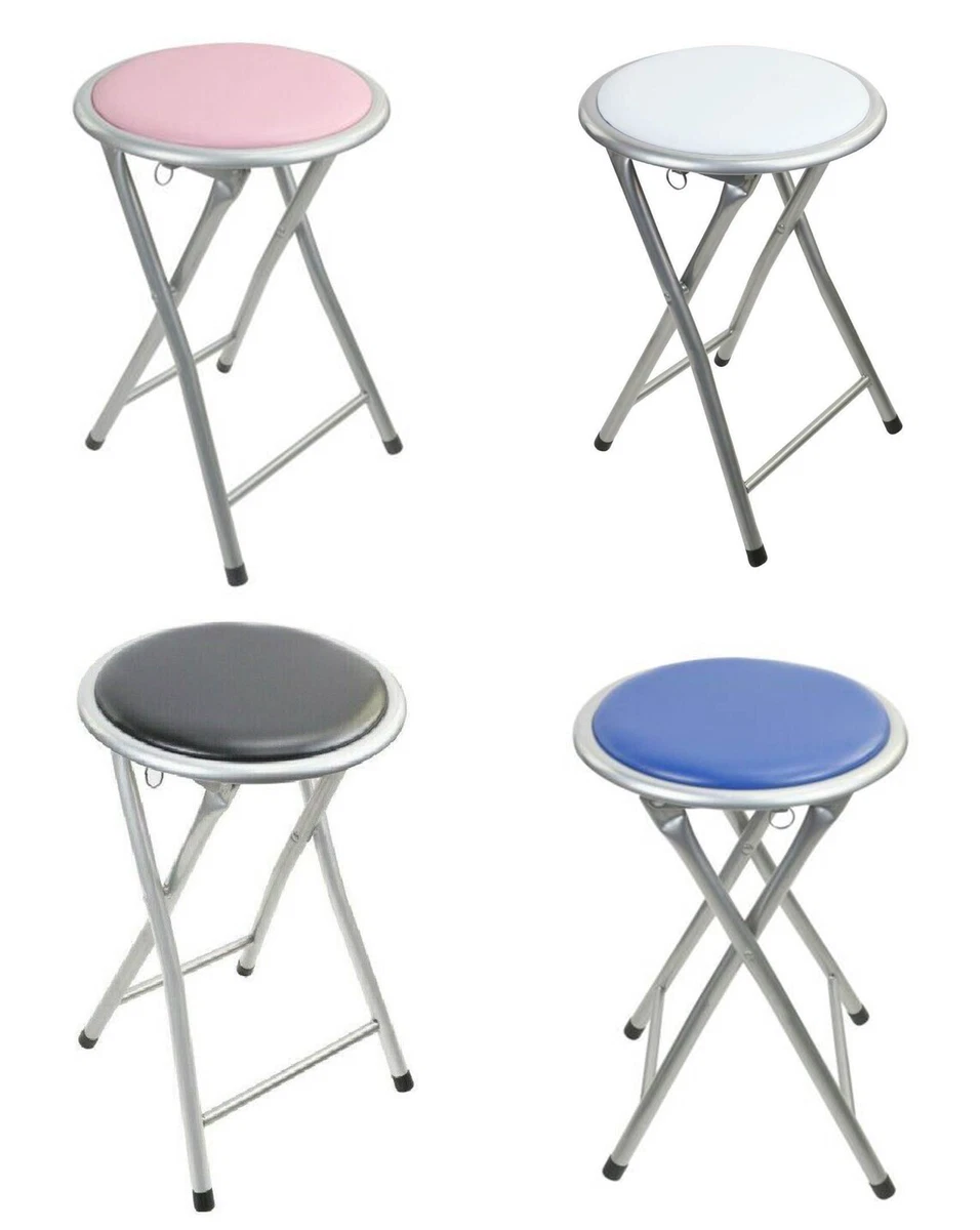 Folding Round Small Stool Silver Metal Frame Portable Padded Seat Saving Space
