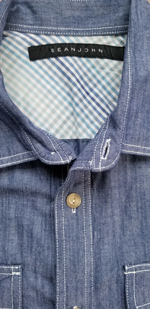 Sean John Short Sleeve Button Up Blue Jean Denim Shirt Men s Size Large