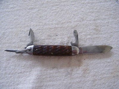 Vintage Utica Cutlery Company 4 blade Pocket Knife folding scout BONE slaps