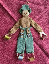 FOLK ART SEWING ANTIQUE TURN OF THE CENTURY HAND KNIT COWBOY THREAD HOLDER