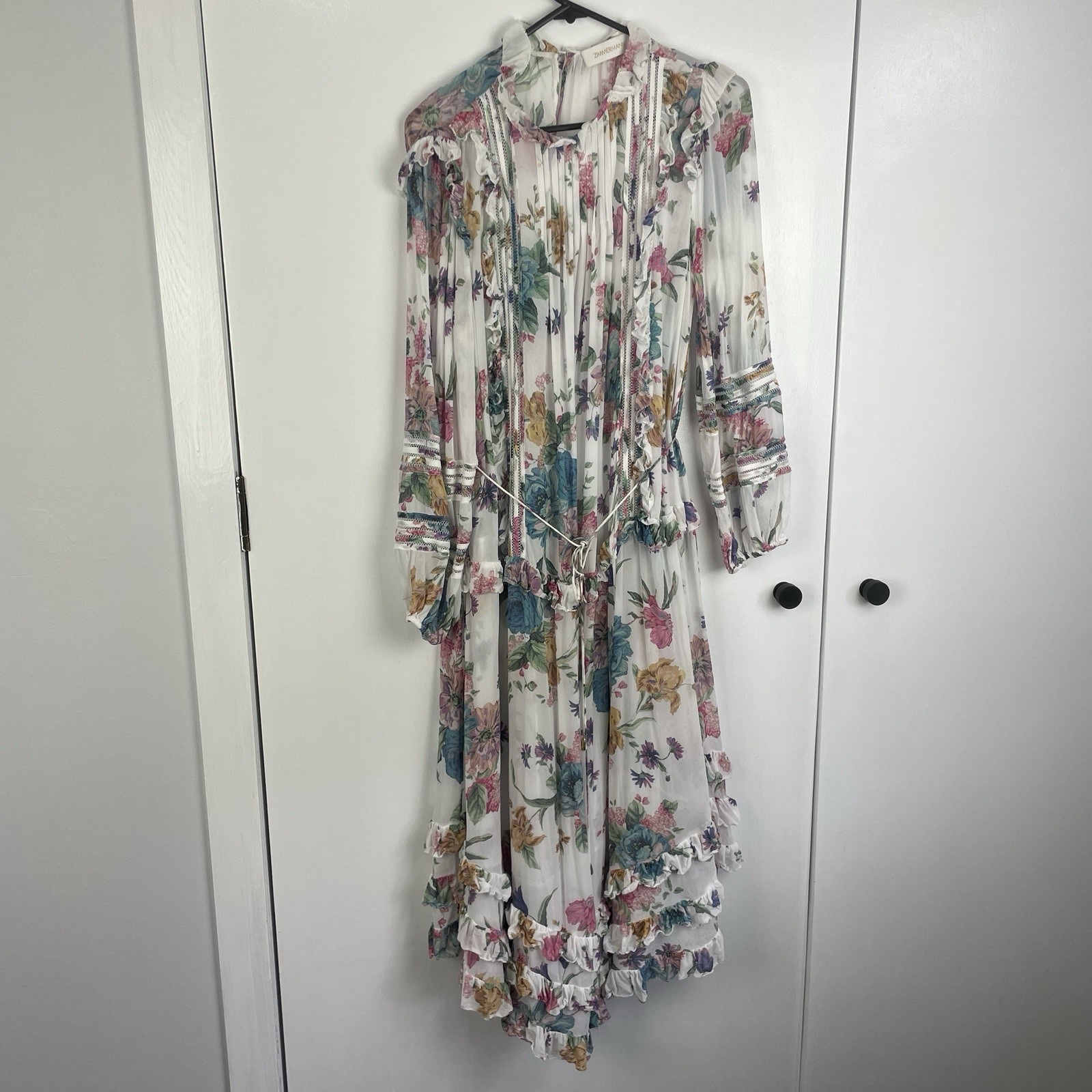 Zimmermann Ninety Six Linear Midi Dress Size 3 / 14 Au White Floral Ruffle