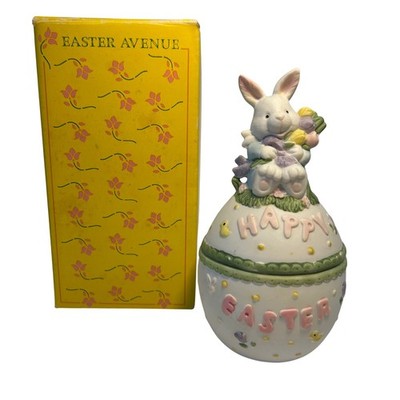 Easter Avenue Bunny Rabbit Figurine Trinket Box Happy Easter Egg Decor 6'' Vintag