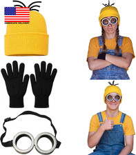 Adult Costume Set, Yellow Beanie Hat, Black Gloves and Silver Goggles, Unisex