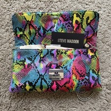 Steve Madden Snake Print Pink Multicolor Clutch Crossbody Silver Chain Accents