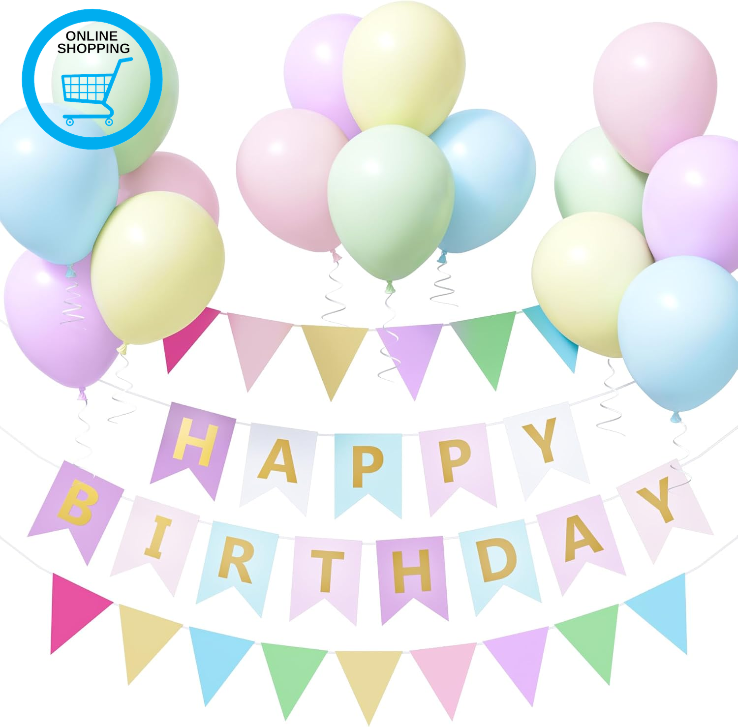 Pastel Birthday Decorations, Pastel Balloons with Happy Birthday Banner Bunting,