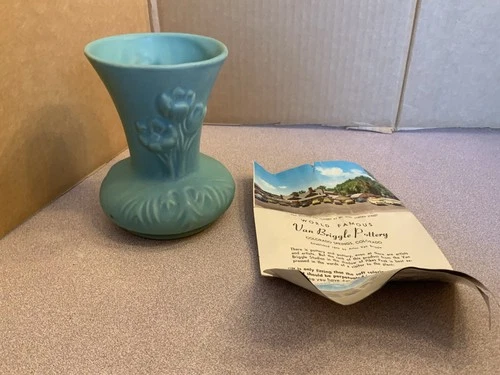 Vintage turquoise flower vase signed by Van Briggle with brochure