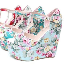 Ethnic Style Floral Boho Womens Platform T Strap Buckle Peep Toe High Wedge Heel