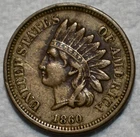 Extra Fine 1860 Pointed Bust Indian Head Cent, Well-Detailed specimen.