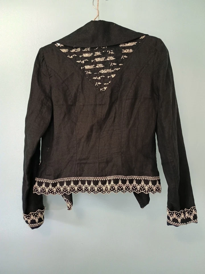 Vintage 100% Linen Jacket S Goth Steampunk Whimsigoth lace embroidery Victorian - Image 2 of 4