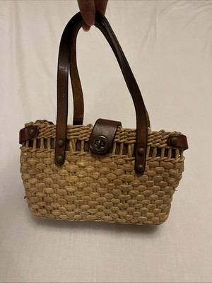 John Romain Signed Straw/Woven Seagrass Small Handbag/Purse w/Leather Straps