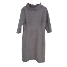 Boden Zoe Dress 14 Black White Stripe 3/4 Sleeve Cowl Funnel Neck Knee Length