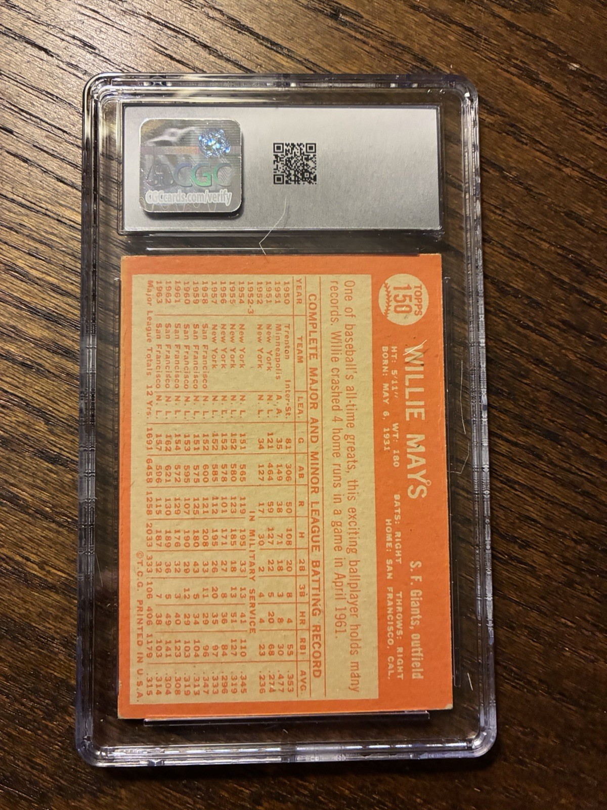 Topps 1964 #150 Willie Mays San Francisco Giants CGC 4.5 Graded Card Slab EX+ view 2