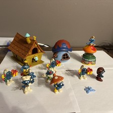 Small Blue Smurf Shroom House Old 1978 Version Vintage Smurfs PVC Lot W/ Butterf