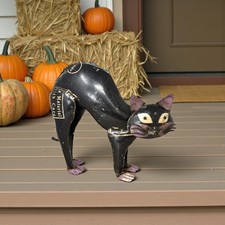 Recycled Vintage Scrap Metal 13" x 10.75" Halloween Black Scaredy Cat Decor