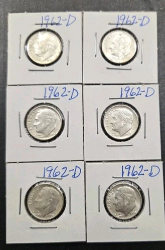 1962 D ROOSEVELT DIME ALL 6 INCLUDED UNCIRCULATED BUT SOME TONING