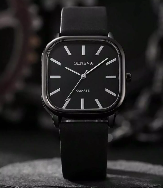 Mens Ultra Thin Black Silver Square Face Business Watch Leather  Strap UK