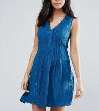 NWT - ADELYN RAE Women's 'LACE' Petrol Blue V-NECK SKATER DRESS - M