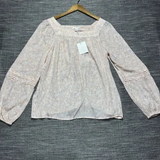 LC Lauren Conrad Blouse Women's M Peach Floral Boho Sleeve Squareneck
