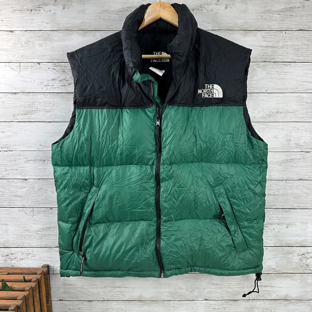 VTG The North Face Mens Down Nuptse Puffer Vest Size XL Green Black NF002YO  90s