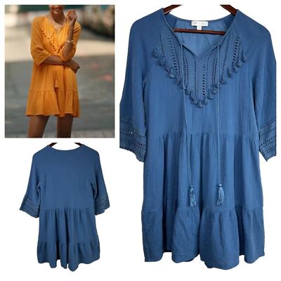 Anthropologie Eri + Ali  Blue Babydoll Dress Tassels Slub Cotton Women Sz  Small
