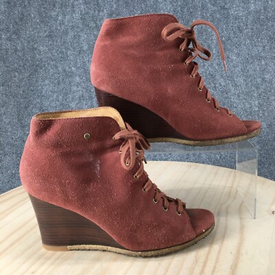 Ugg Boots Womens 9 Elyse Lace Up Wedge Ankle Booties 3194 Red Suede Peep Toe