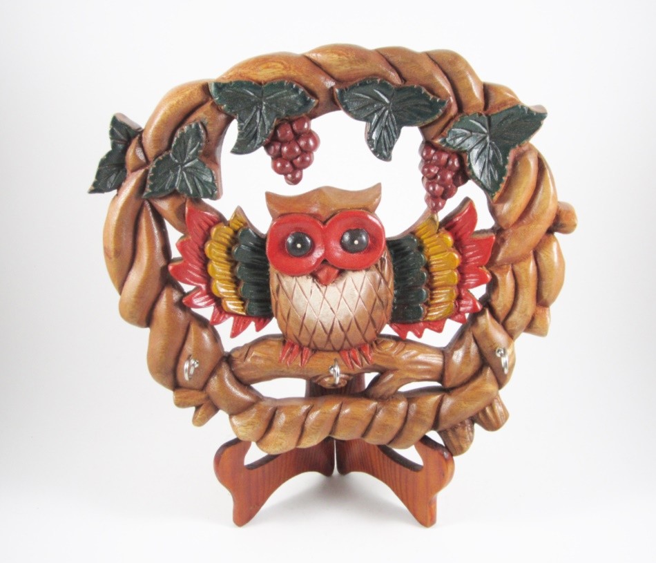 Porte-clés hiboux bois de suar 29x25mm - Pendentif sac chouette et totem animal sauvage