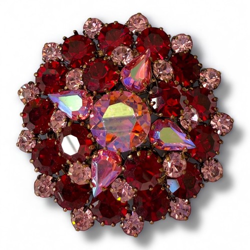Austrian Pink Red Rhinestone Brooch Signed Domed Statement Vintage - Picture 6 of 8