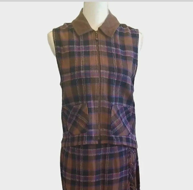 Maxi Falda Conjunto Chaleco Flecos Grunge Franela Marrón Franela Años 90 De Colección Talla S/M Foto 3 de 4