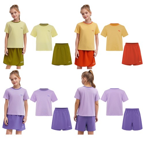 Kids Girls 2 Piece Summer Sports Outfit T-shirts with Shorts Athletic Streetwear - Picture 2 of 30