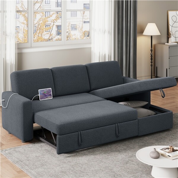 4-seat Convertible Sectional Reversible Sofa Couch Bed with Chaise & USB Gray