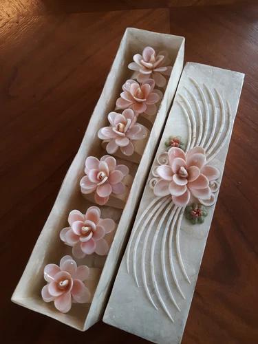 6 Vintage Shabby Beachy Chic Estate Capiz Shell Napkin Rings Capiz Box Gorgeous!