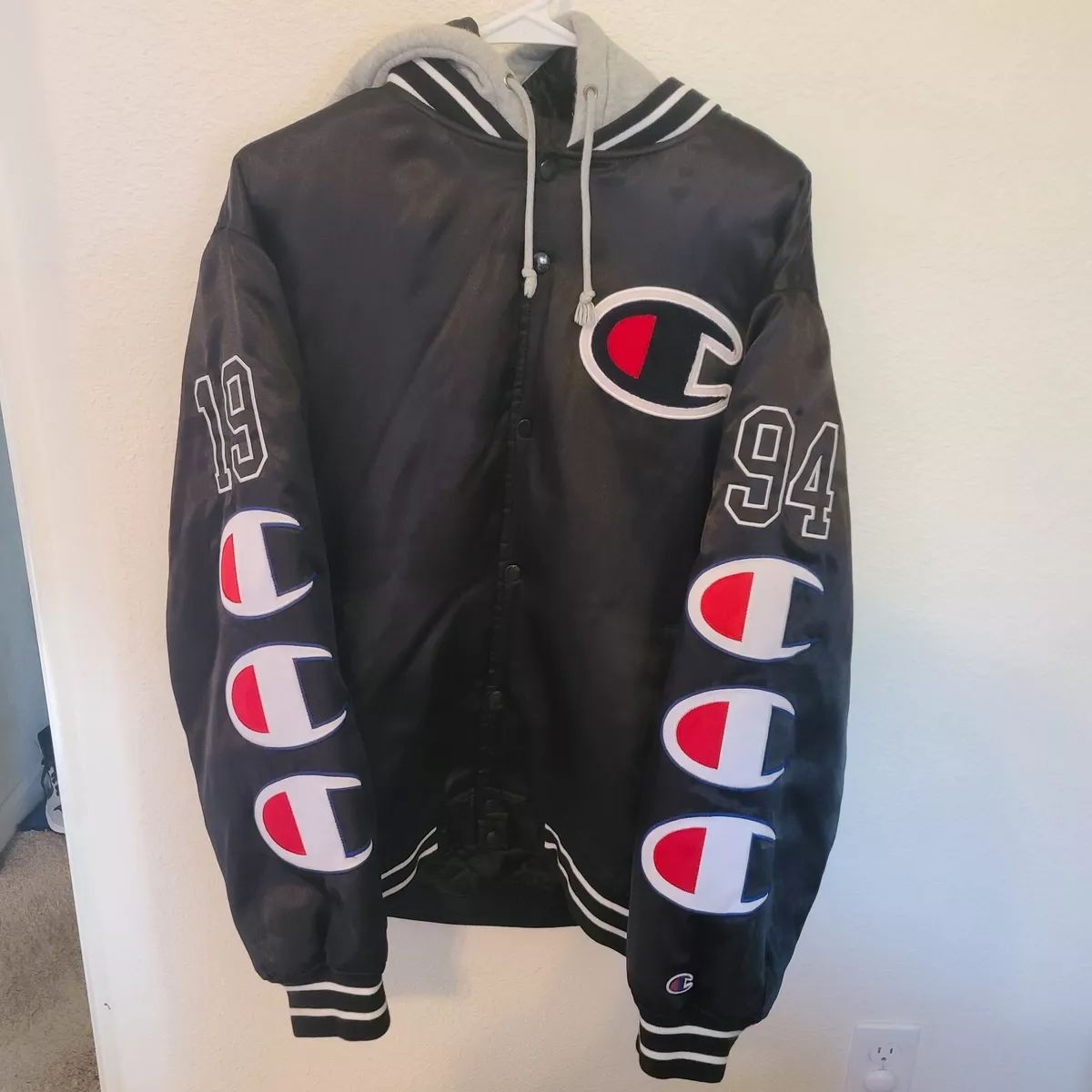 Supreme Champion Hooded Satin Varsity Jacket - Size L - Black