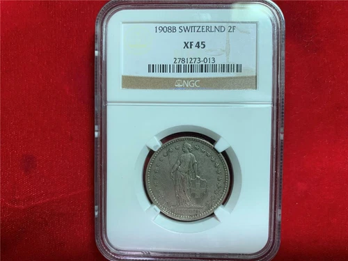 SWITZERLAND 1908B 2 FRANCS NGC XF-45 TONED SCARCE DATE
