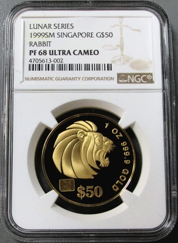 1999 SM GOLD SINGAPORE 500 MINTED LION 1oz LUNAR YEAR OF RABBIT NGC PROOF 68 UC