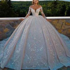 Custom VNeck Wedding Dresses Off The Shoulder Long Sleeve Shiny Beaded Sequins