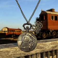 Locomotive Train Quartz Necklace Pocket Bronze Color Watch Train Enthusiast