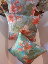 Tommy Bahama 3 Throw Pillows Indoor Outdoor Tropical flowers and ferns Blue/pink