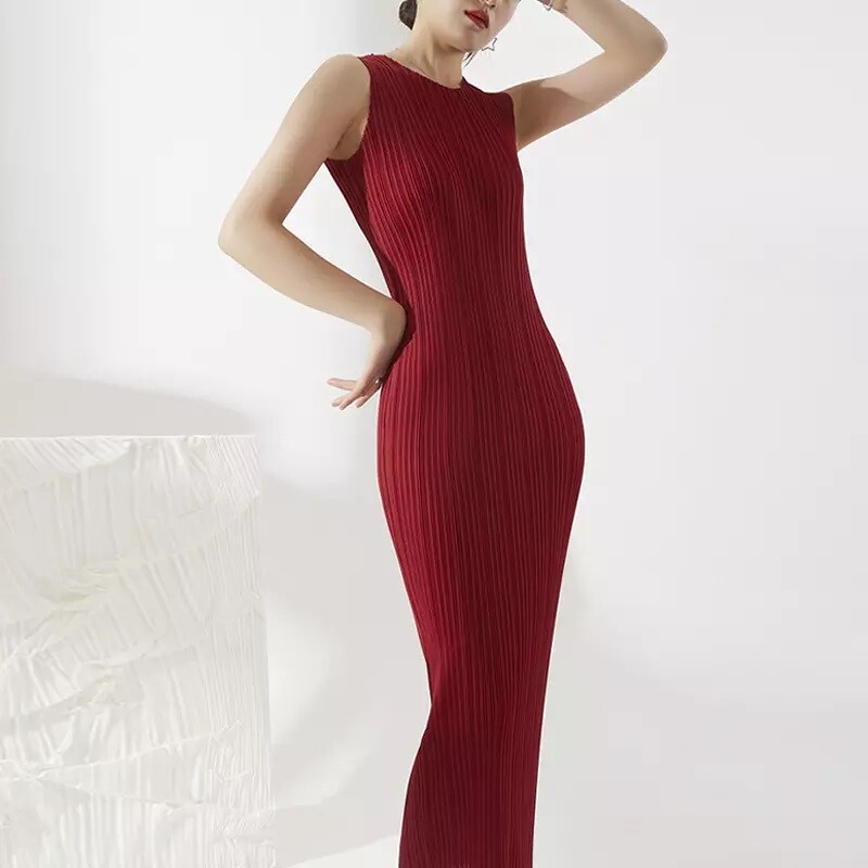 Maya Antonia Simple Elegant Pleated Plisse Midi Dress  Red/Black/Gray/Slimming | eBay
