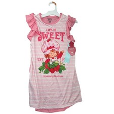 Strawberry Shortcake Girls Pink Striped Ruffle Nightgown Sleep Dress S 6/6X NEW