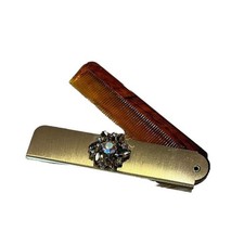 Vintage Rhinestone Folding Pocket Purse Comb Gold Color Tortoise Color Comb