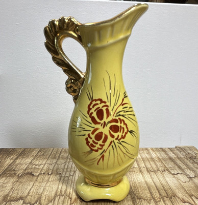 Pine Cone Motif Vintage Little Yellow Pitcher Vase with Gold Trim