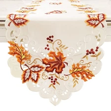15x67 Inch Fall Table Runner, Embroidered Maple Leaf, Thanksgiving, Home Decor