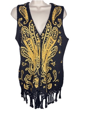 Michael Simon Vest Black Gold Beaded Embroider Fringe Sweater Vest Sz L Vntg
