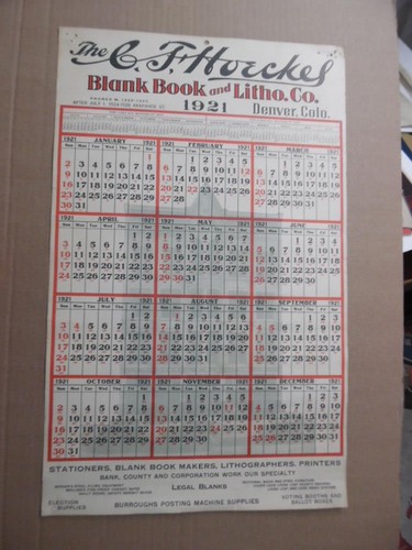 1921 C.F. Hoeckes Printer Lithtographer Advertising Calendar Denver Colorado