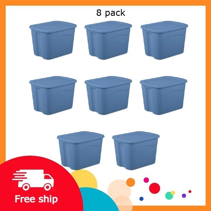 Sterilite 18 Gallon Plastic Storage Bin with Snap on Lid, Light Blue, Pack of 8