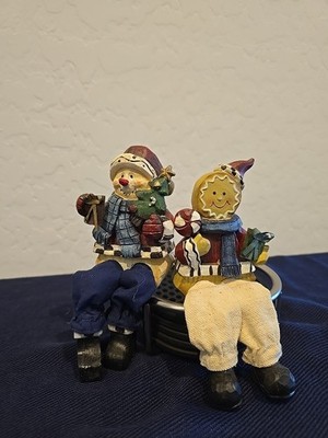 Vintage Snowmen And Gingerbread  Resin Shelf Sitters Set Of 2