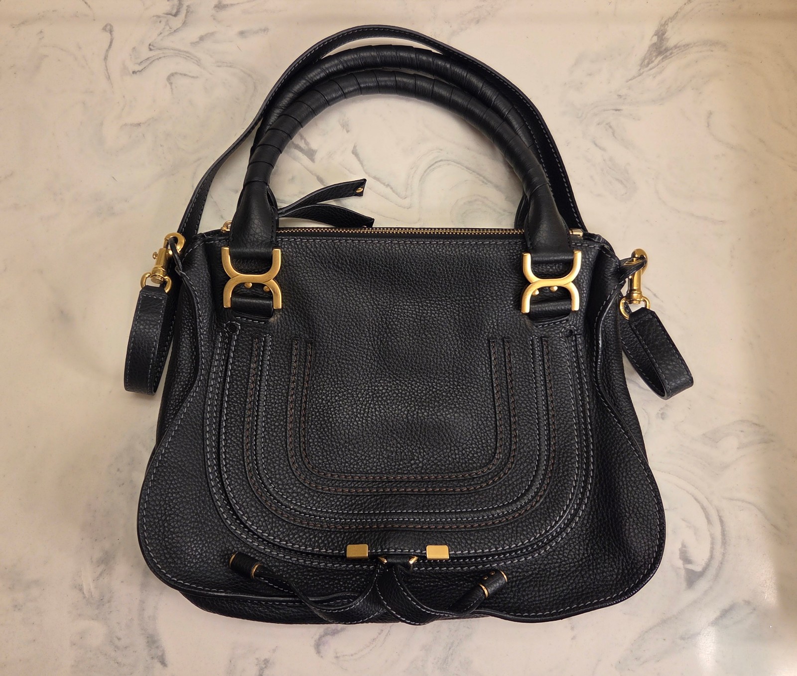Chloe 'Marcie' Navy Blue Grained Textured Tote Satchel Bag Medium MSRP $2790